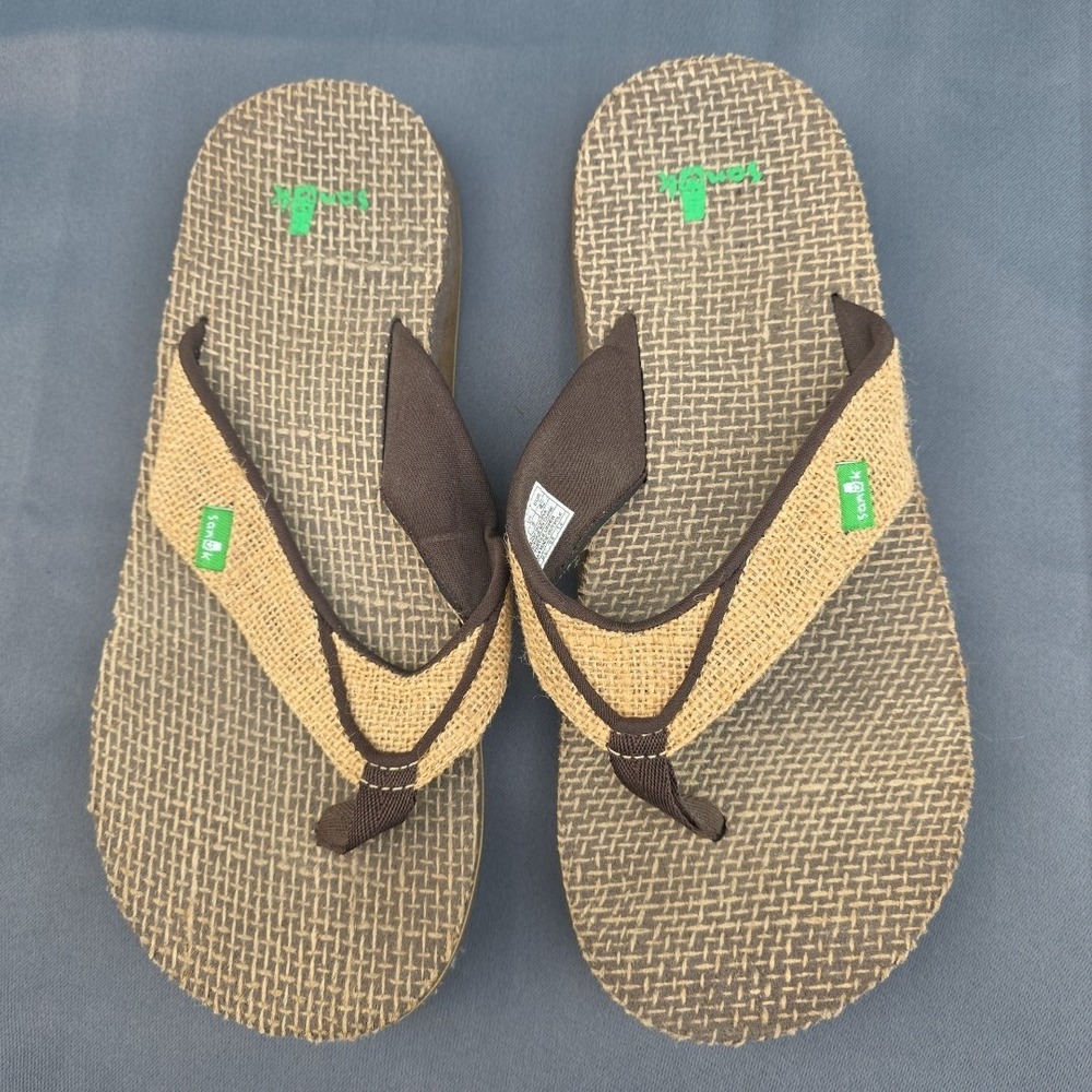 Sanuk Men's 9 Flip Flops Burlap‎ Brown Beach Lake